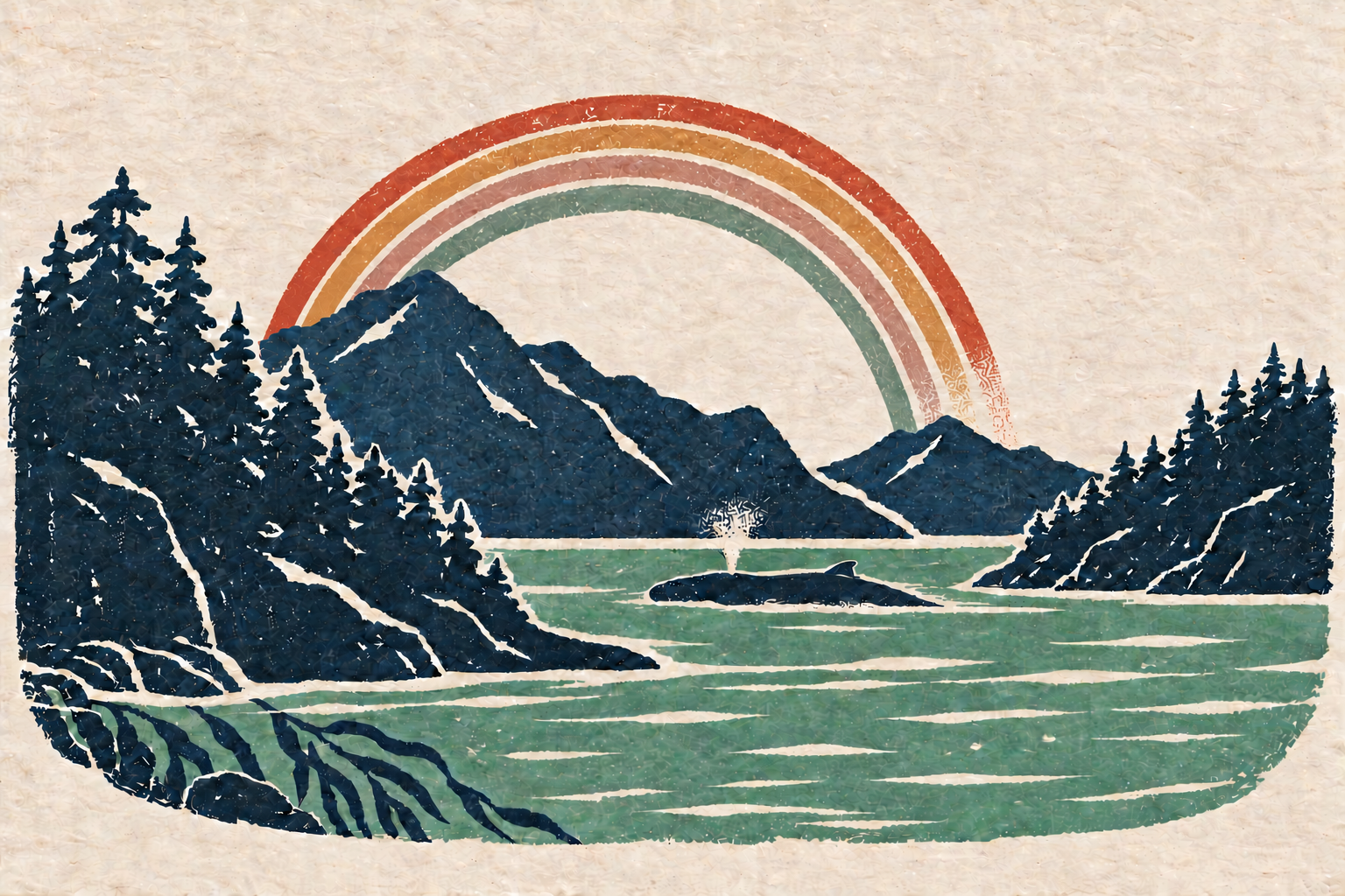 Block-print illustration of a muted rainbow above coastal mountains, a surfacing whale and sage-green water