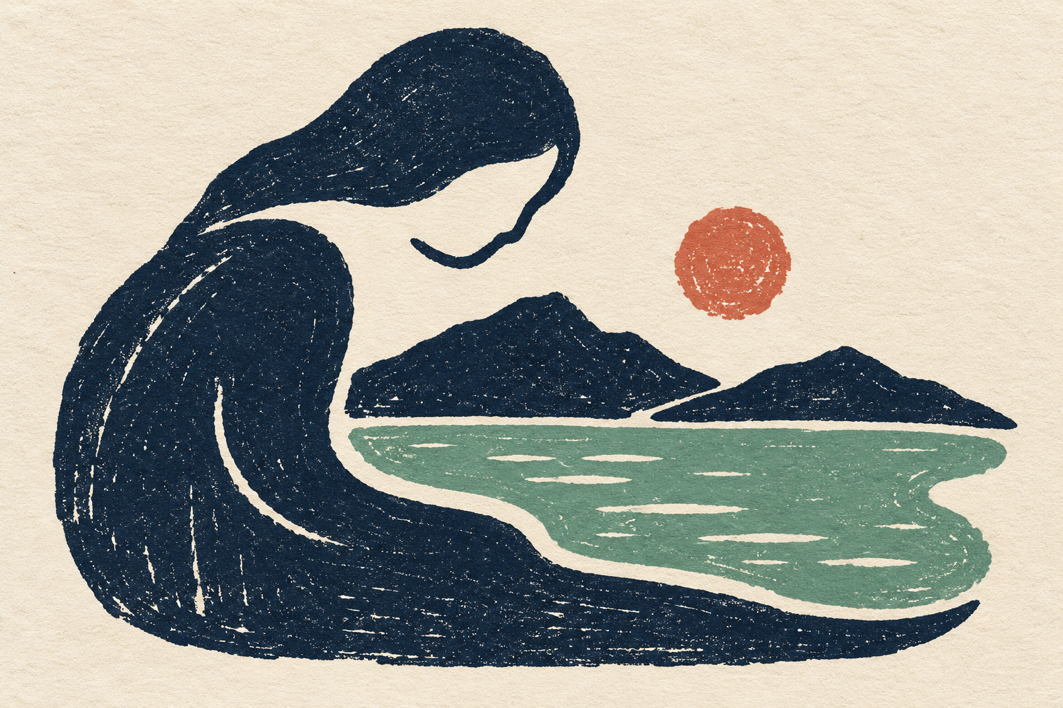 Block-print-style Mother Earth illustration: an embracing figure becomes a shoreline around seafoam water and navy mountains beneath a terracotta sun